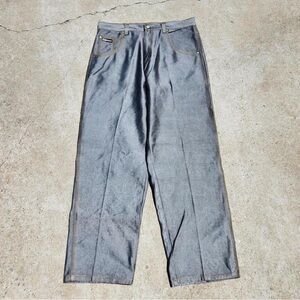 Brooklyn Xpress shiny reflective silver raw denim jeans
Marked size 38, fits 37